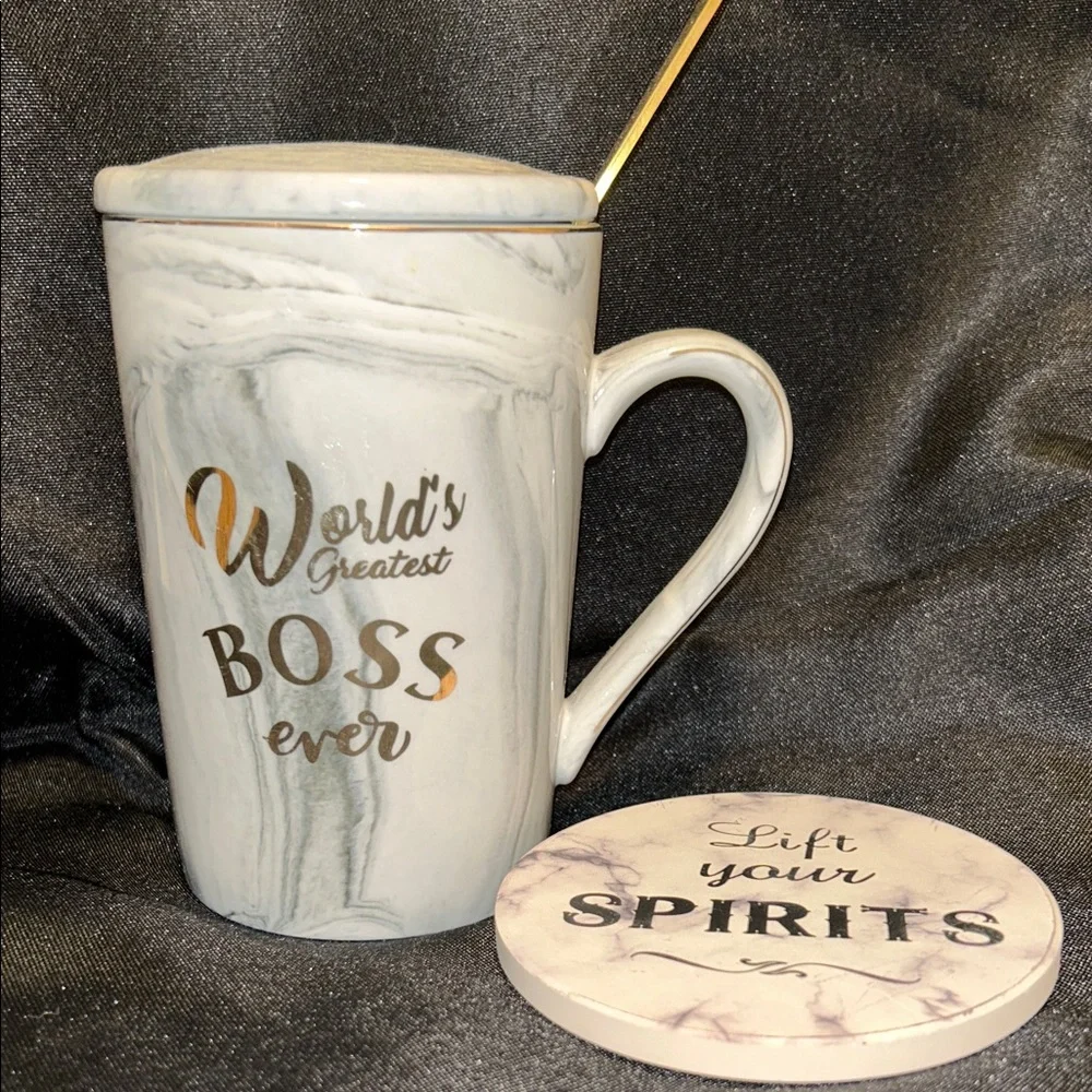 Source Unknown White Marble 'World's Greatest Boss Ever' Mug with Gold Accents